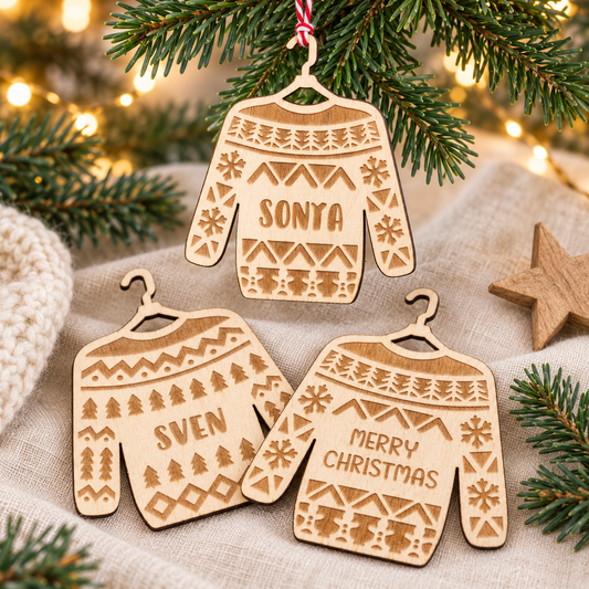 Personalisierte Ugly-Sweater-Holzanhänger als lustiges Wichtelgeschenk und Christbaumschmuck