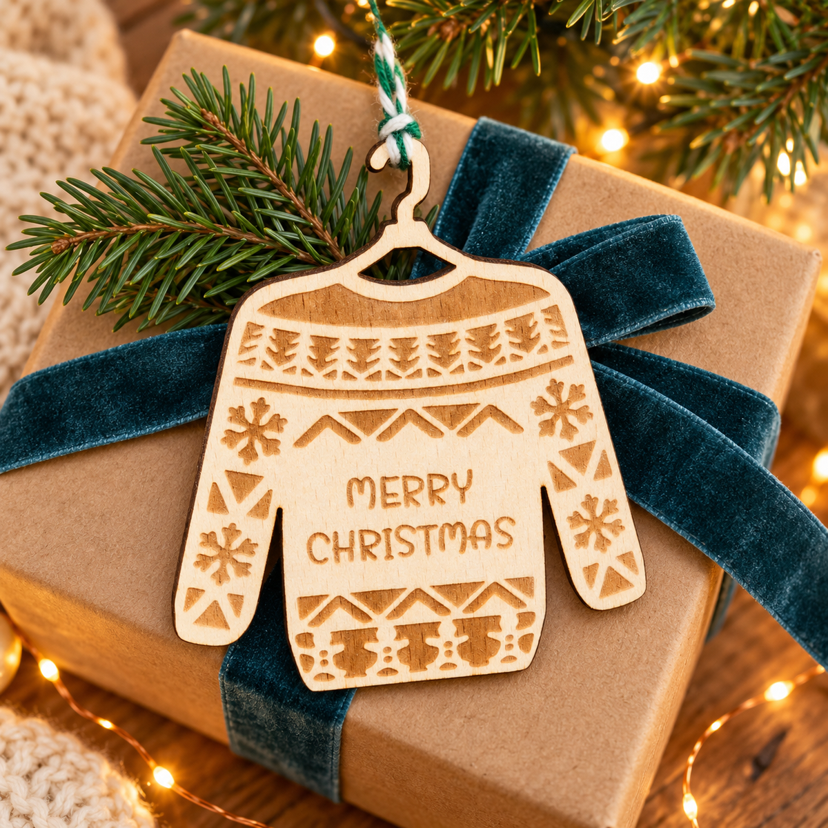 Ugly-Sweater-Christbaumschmuck aus Holz als kleines Wichtel- und Weihnachtsgeschenk