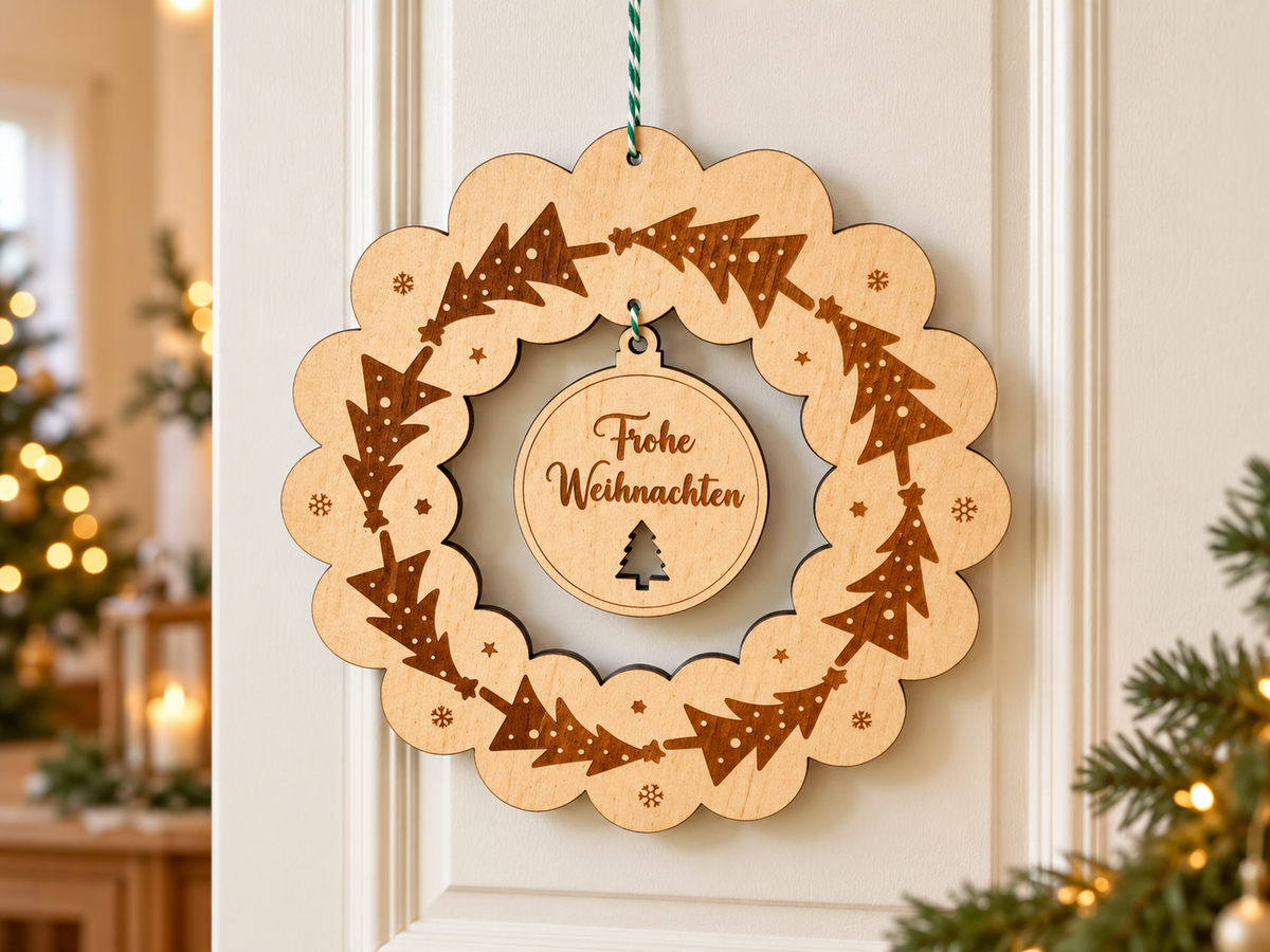 Holz-Weihnachtskranz mit Tannenbaumgravur an einer Innentür