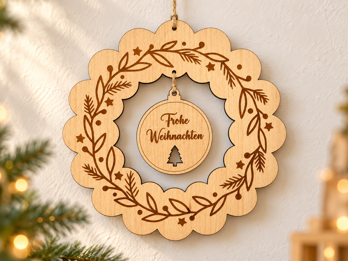 Weihnachtskranz aus 5 mm Buchensperrholz mit Zweiggravur und personalisierbarem Anhänger