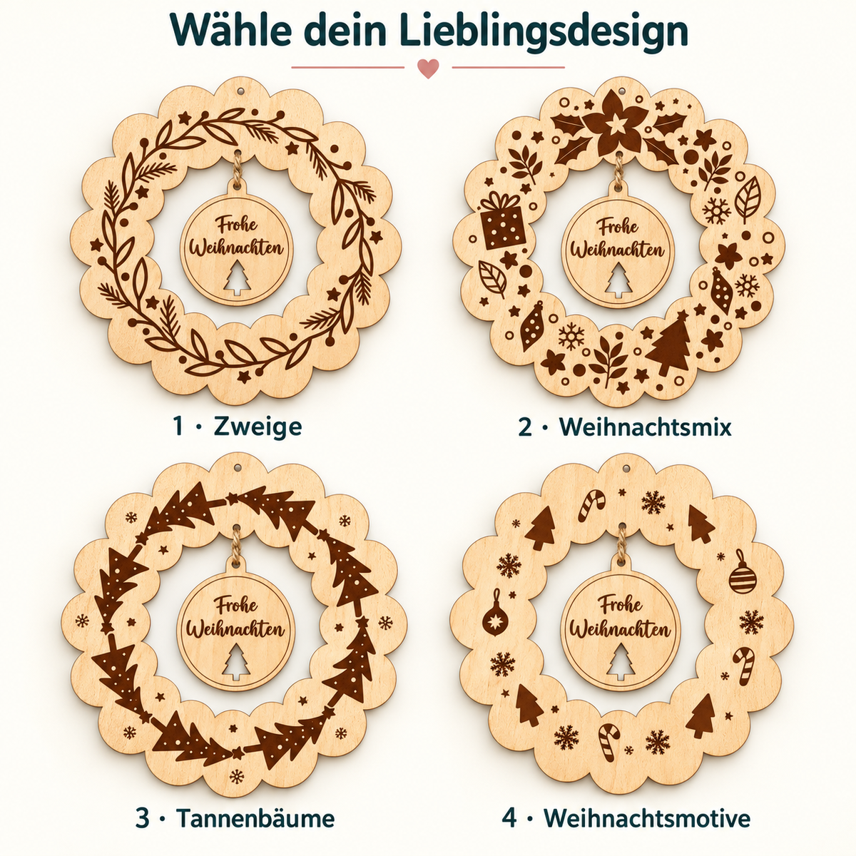 Vier Designs: Zweige, Weihnachtsmix, Tannenbäume und Weihnachtsmotive
