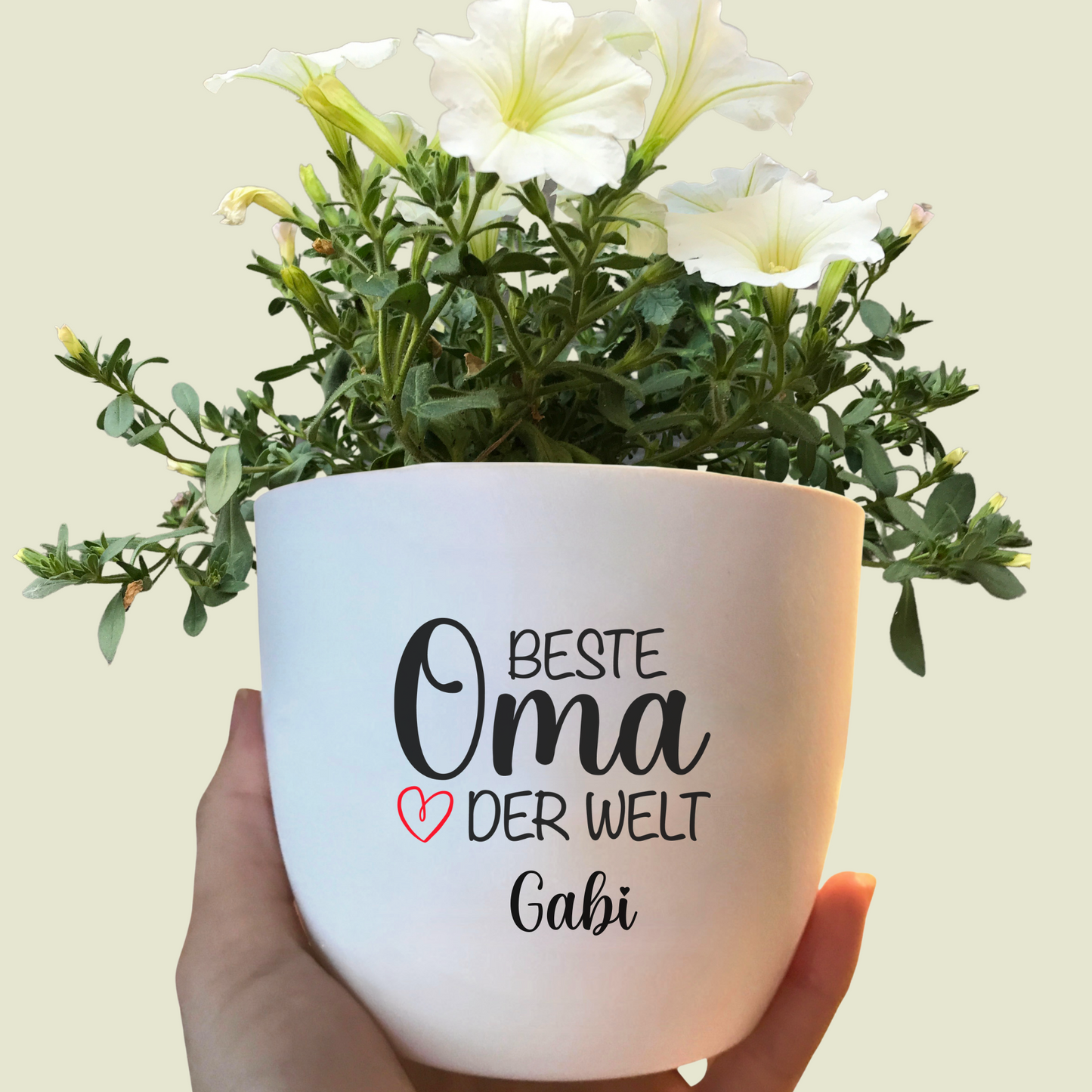 weißer Blumentopf mit Spruch: Beste Oma der Welt personalisiert