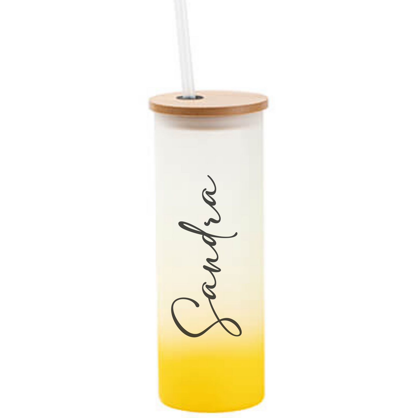 Trinkglas frosted in 4 Farben personalisiert - Tumbler mit Namen - Cocktailglas mit Bambusdeckel und Strohhalm - personalisiertes Geschenk