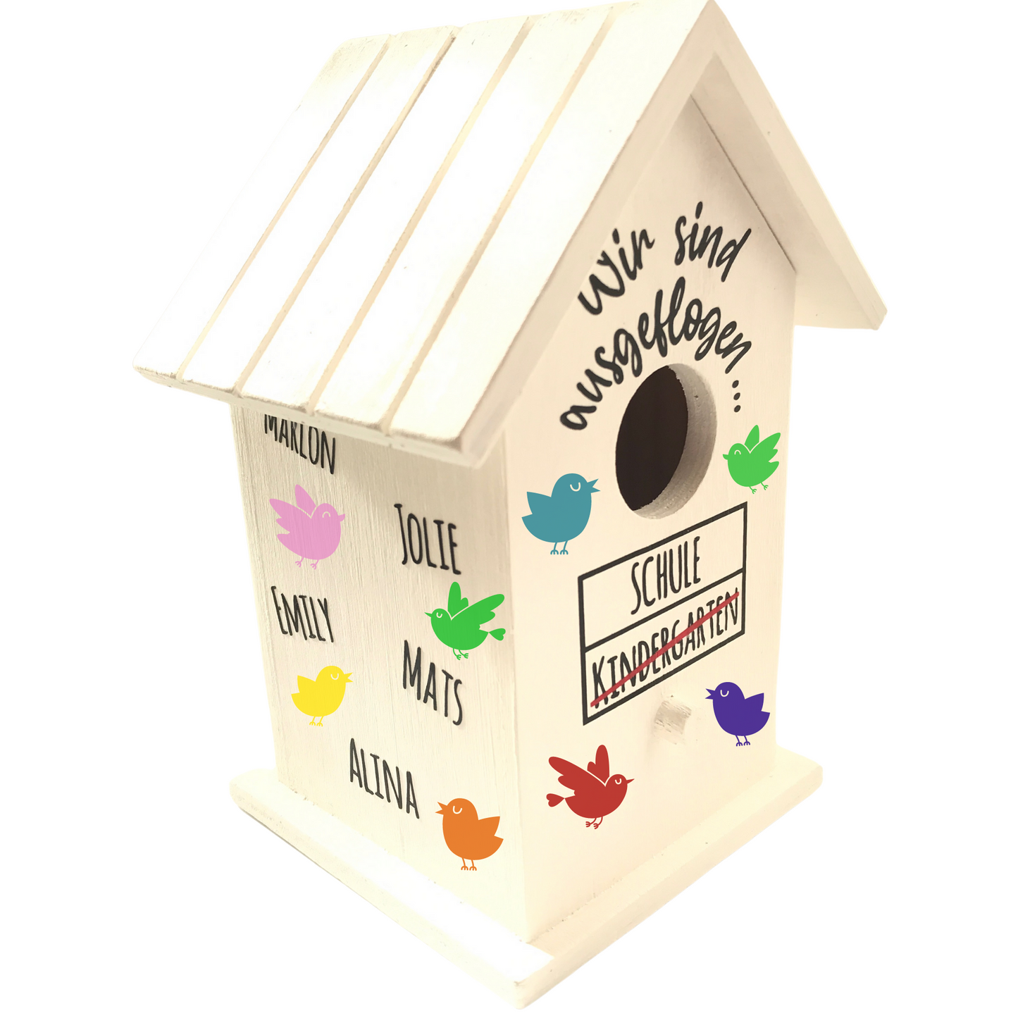 Vogelhaus - Kindergarten "Wir sind ausgeflogen" - Abschiedsgeschenk für Erzieher/in - personalisiert mit Kindernamen