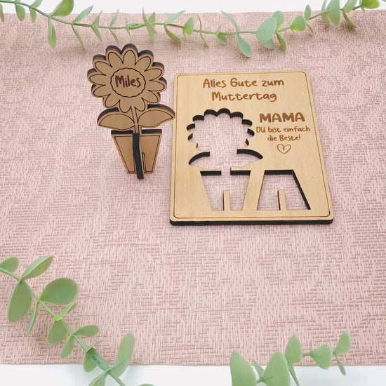 Muttertag Grußkarte aus Holz mit 3D Blume