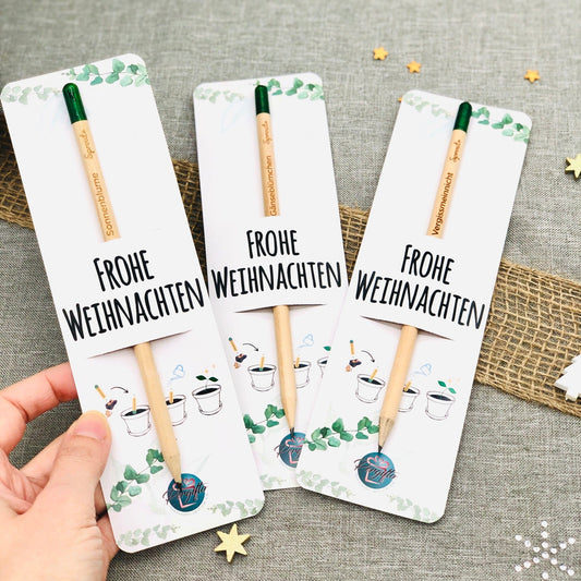 Nachhaltiges Weihnachtsgeschenk - Bleistift zum Einpflanzen - Holzstift mit personalisierter Karte - Bleistift mit Blumensamen