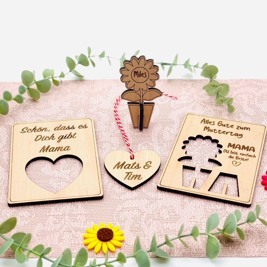 Muttertag Grußkarte aus Holz mit 3D Blume - nachhaltiges Muttertagsgeschenk - Geschenk Mama - Geschenk Oma - personalisiert mit Kindernamen