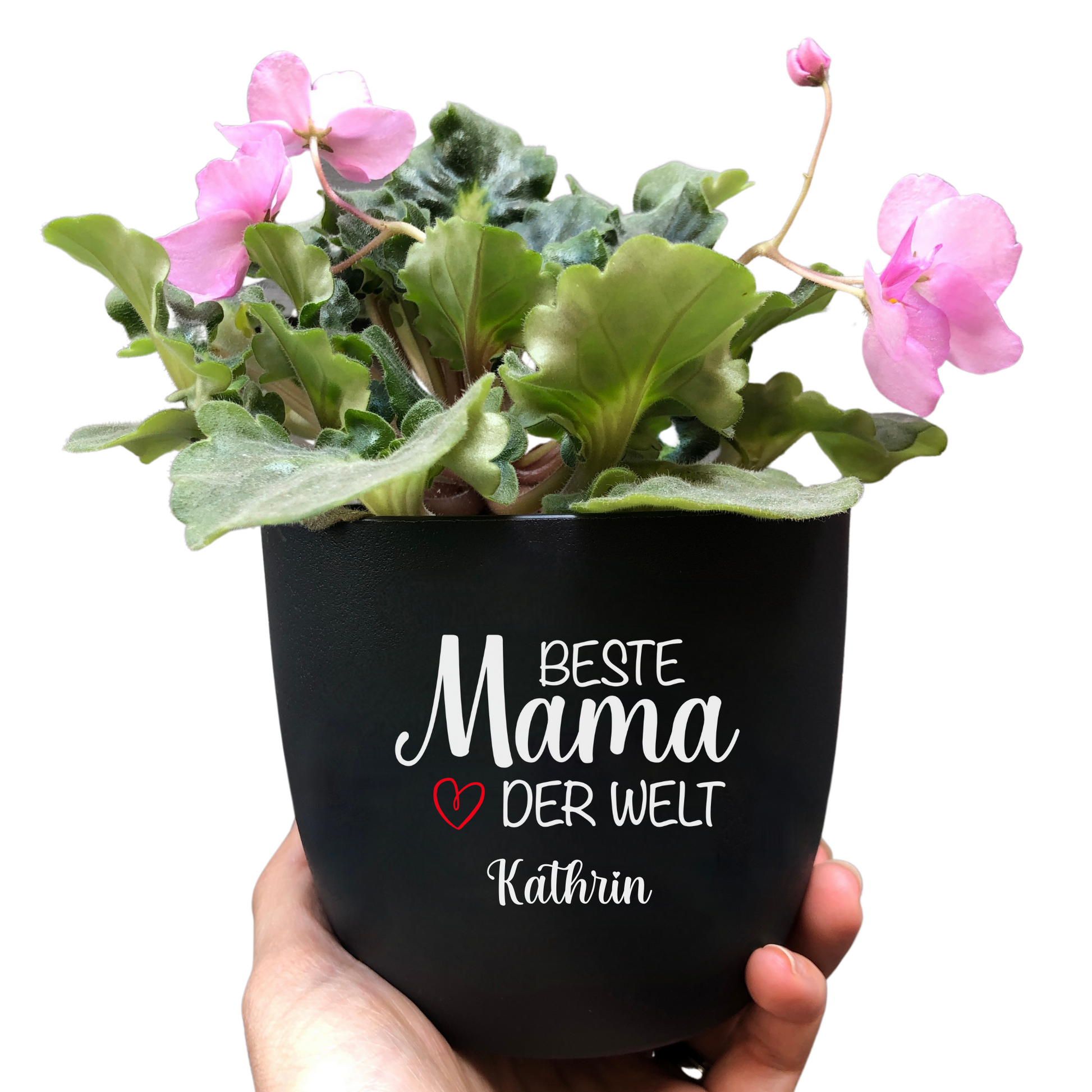 schwarzer Blumentopf mit Spruch: Beste Mama der Welt personalisiert