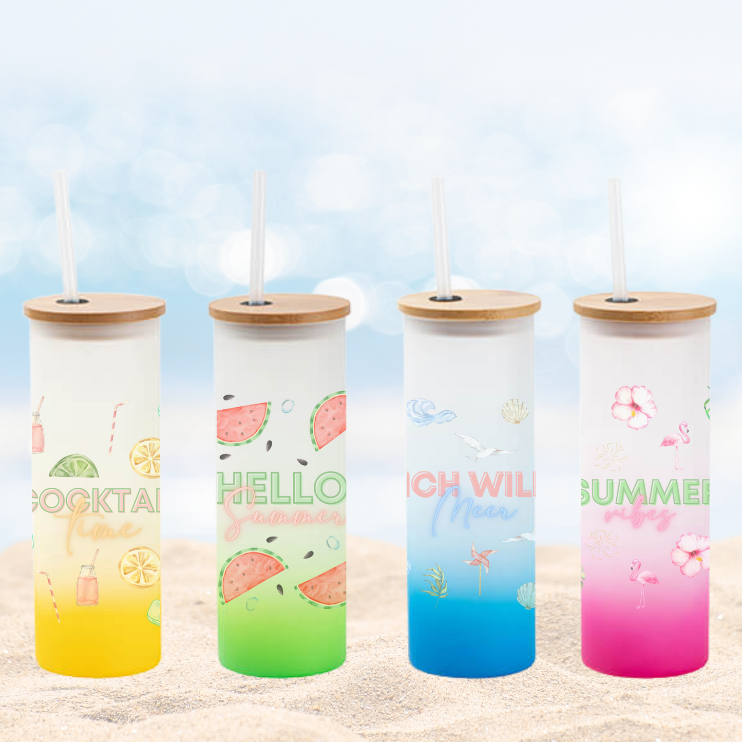 Tumbler mit Sommer Designs - Cocktailglas mit Holzdeckel und Trinkhalm - personalisiertes Geschenk - Trinkglas mit Deckel