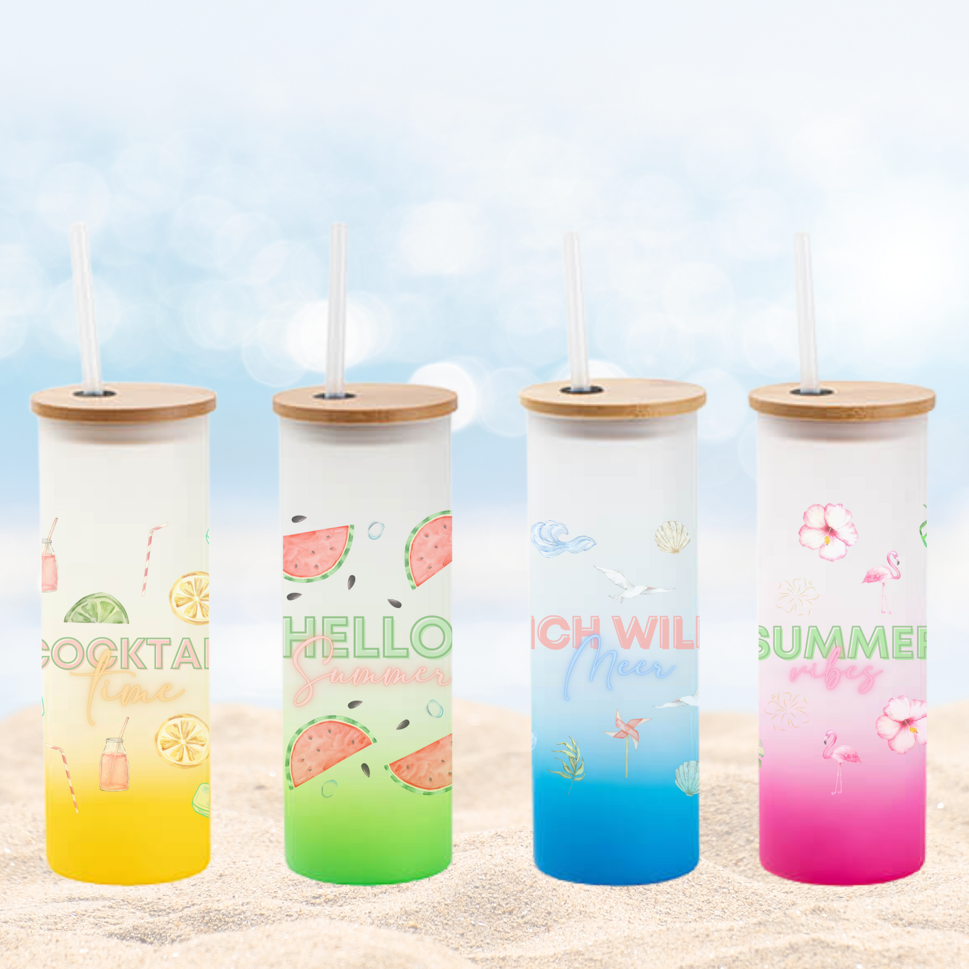 Tumbler mit Sommer Designs - Cocktailglas mit Holzdeckel & Trinkhalm - personalisiertes Geschenk Geburtstag 