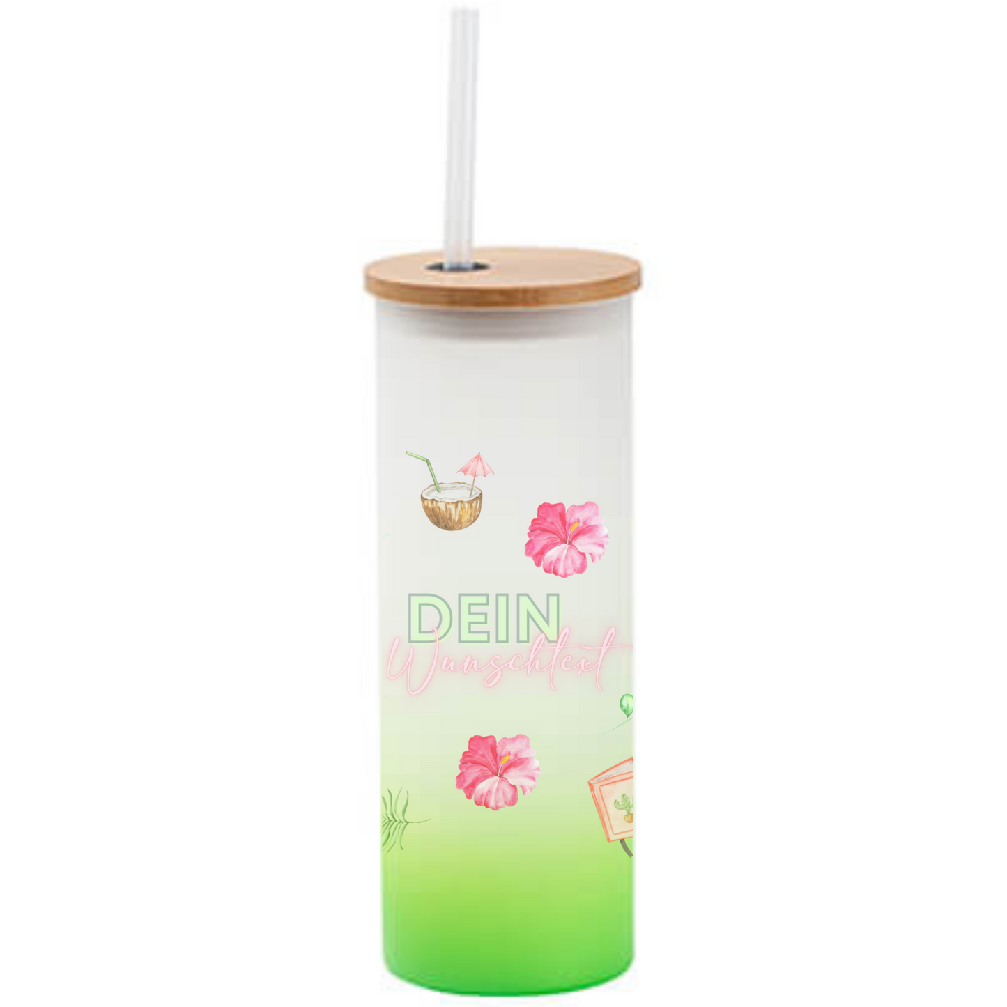 Tumbler mit Sommer Designs - Cocktailglas mit Holzdeckel und Trinkhalm - personalisiertes Geschenk - Trinkglas mit Deckel