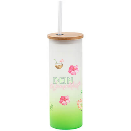 Tumbler mit Sommer Designs - Cocktailglas mit Holzdeckel & Trinkhalm - personalisiertes Geschenk Geburtstag - Trinkglas mit Deckel