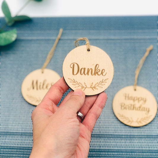 Round wooden gift tag - thank you tag - personalized round wooden gift tag