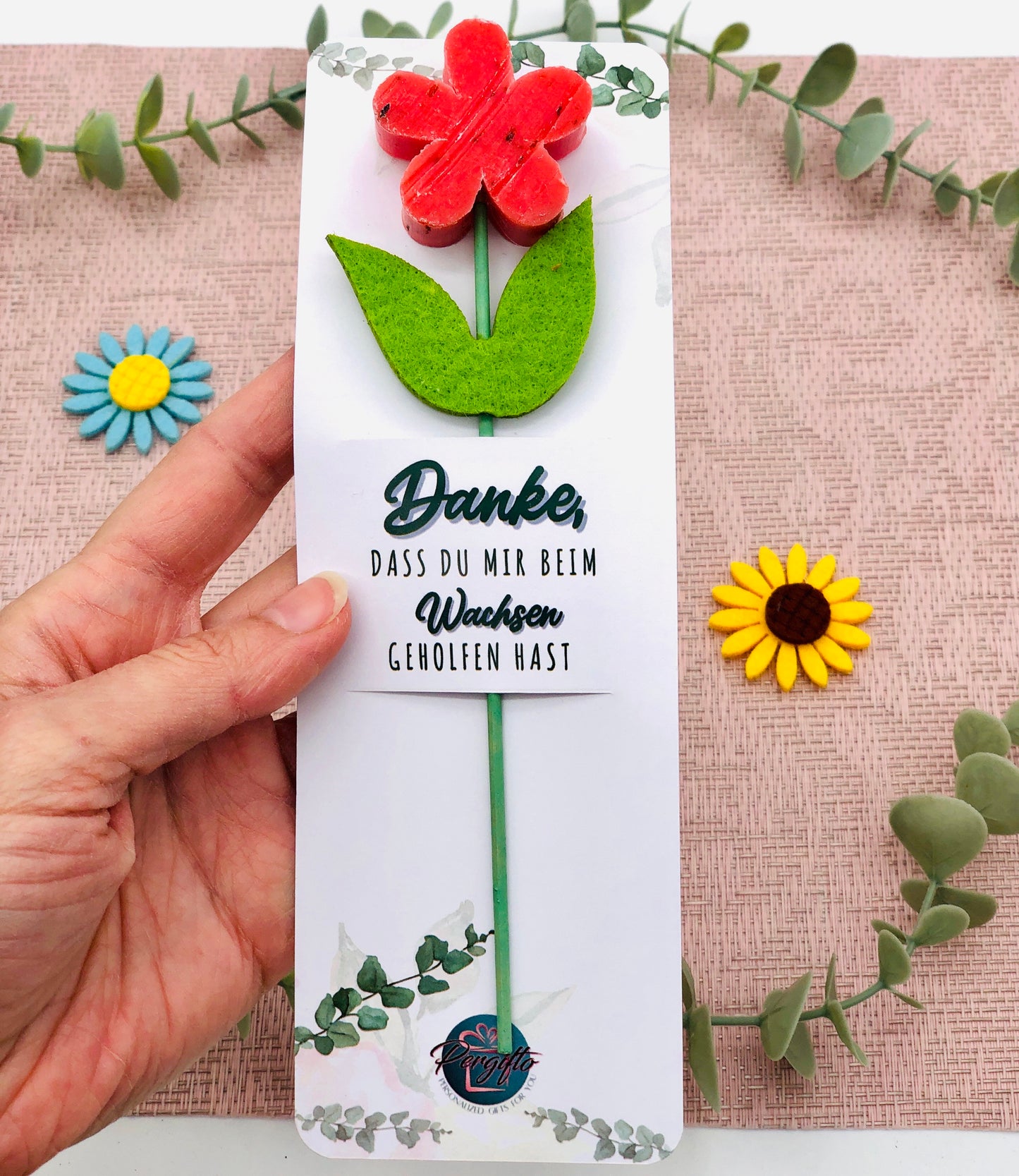 Blumenseife Margerite - kleines Geschenk zum Danke sagen - Geburtstagsgeschenk - Muttertagsgeschenk - Seife am Stab mit Karte